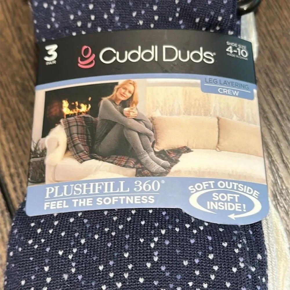 Cuddl Duds Plushfill 3-Pk Scattered Birdseye Spacedye Tuckstitch Crew Socks Navy